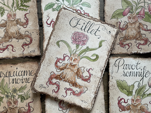 Sujet : Oeillet Original unique. Peinture à l'aquarelle sur papier 300gr, extraite de la série Mandraktober 2025 d'Hina Art.