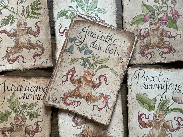 Sujet : Jacinthe des bois Original unique. Peinture à l'aquarelle sur papier 300gr, extraite de la série Mandraktober 2025 d'Hina Art.