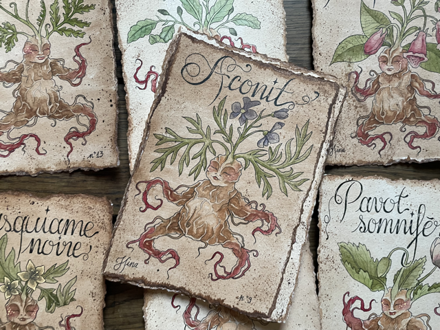 Sujet : Aconit Original unique. Peinture à l'aquarelle sur papier 300gr, extraite de la série Mandraktober 2025 d'Hina Art.