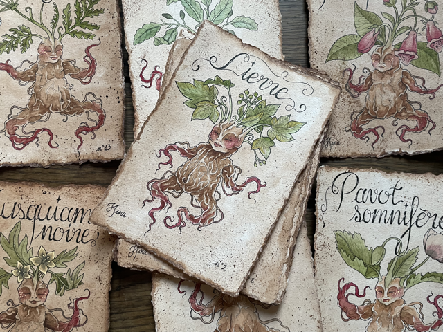 Sujet : Lierre Original unique. Peinture à l'aquarelle sur papier 300gr, extraite de la série Mandraktober 2025 d'Hina Art.