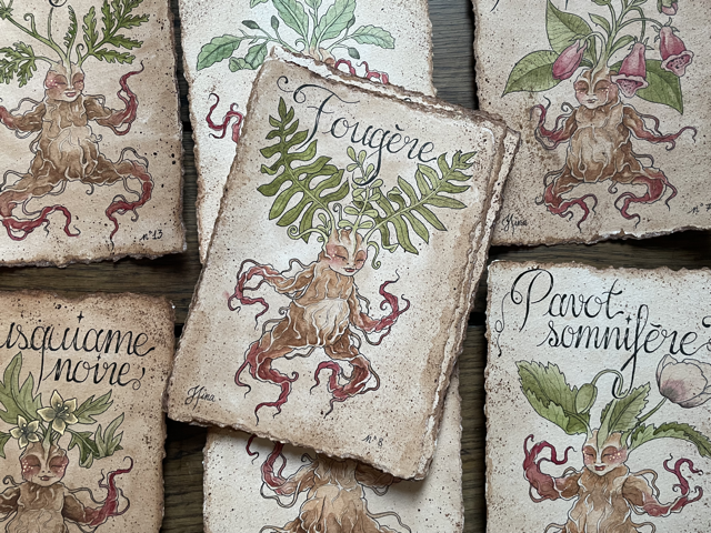 Sujet : Fougère Original unique. Peinture à l'aquarelle sur papier 300gr, extraite de la série Mandraktober 2025 d'Hina Art.