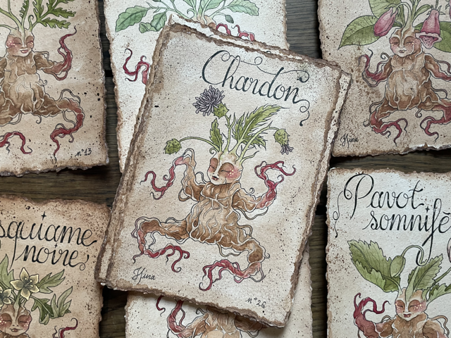 Sujet : Chardon Original unique. Peinture à l'aquarelle sur papier 300gr, extraite de la série Mandraktober 2025 d'Hina Art.