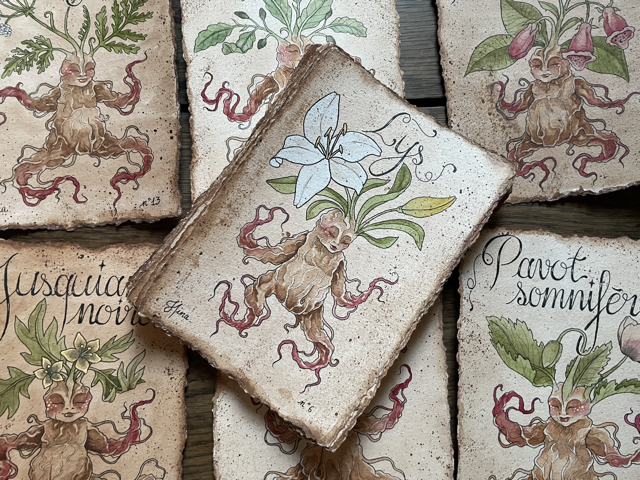 Sujet : Lys Original unique. Peinture à l'aquarelle sur papier 300gr, extraite de la série Mandraktober 2025 d'Hina Art.