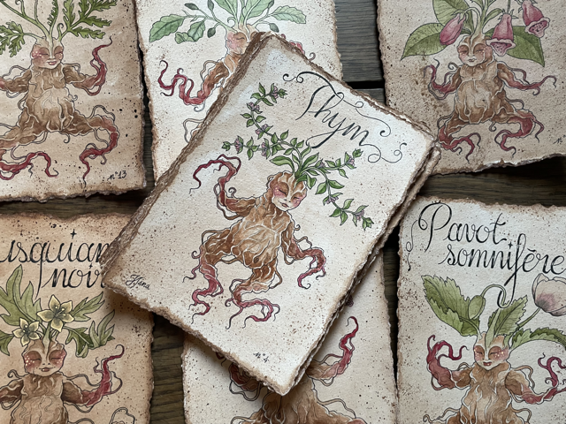 Sujet : Thym Original unique. Peinture à l'aquarelle sur papier 300gr, extraite de la série Mandraktober 2025 d'Hina Art.